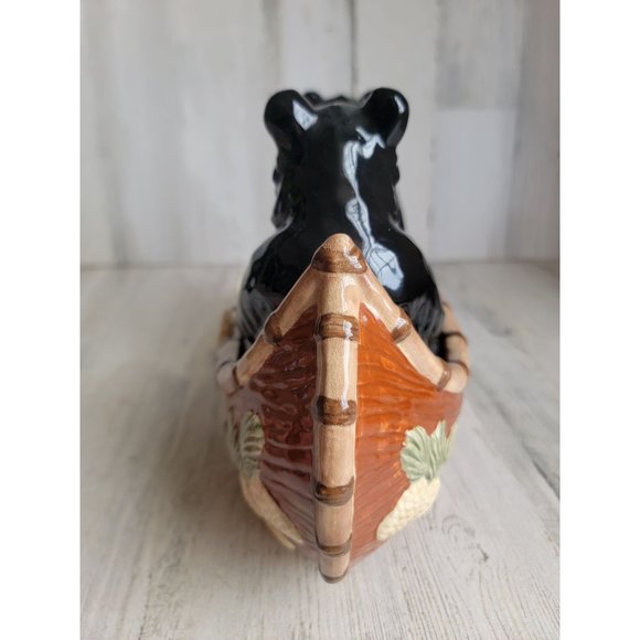 Ceramic black bears fishing couple canoe boat - Picture 12 of 12